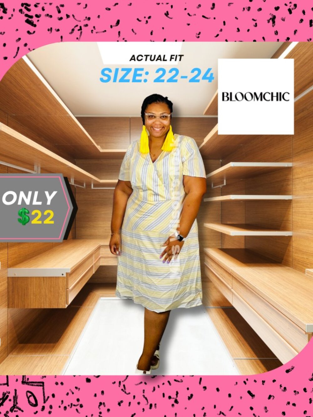 BloomChic Pastel Mixed-Stripe V-Neck Midi Dress - Size 22-24